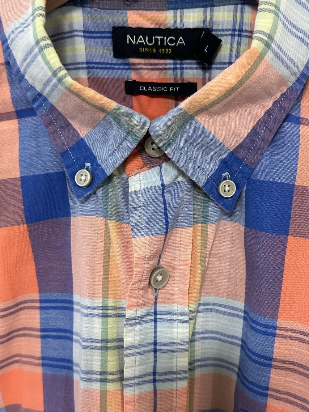 Nautica Men's Plaid Button-Down Shirt - Blue, White & Peach
